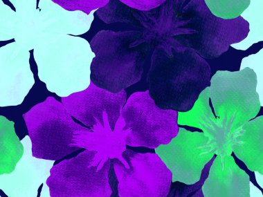 Hawaii suluboya deseni. Yeşil turkuaz çiçekli, dikişsiz tropikal iz. Hibiscus ve zakkum Hawaii 'de. Aloha mayo tasarımı. Egzotik buket moda illüstrasyonu. Suluboya yatay fayans.