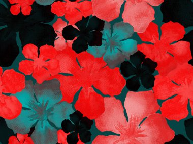 Hawaii suluboya deseni. Pembe kırmızı tropikal desensiz çiçek deseni. Hibiscus ve zakkum Hawaii 'de. Aloha mayo tasarımı. Egzotik buket moda illüstrasyonu. Suluboya yatay fayans.