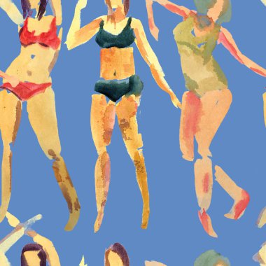 Yaz plajı deseni. Mayolu insanlar kuyrukta bekliyor. İndigo lacivert kız izi. Tropik Hawai suluboyası, pürüzsüz fayans. Bikini Miami kızları güneşlendiriyor. Bikinili kadınlar.