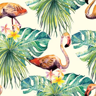 Flamingo deseni. Tropik yaz yeşili kırmızı iz. Kuşlarla dolu egzotik bahar canavarları. Moda Hawai Ormanı tekrar eden pürüzsüz fayanslar. Palm Botanik mayo tasarımı. Miami Vahşi Hayatı.
