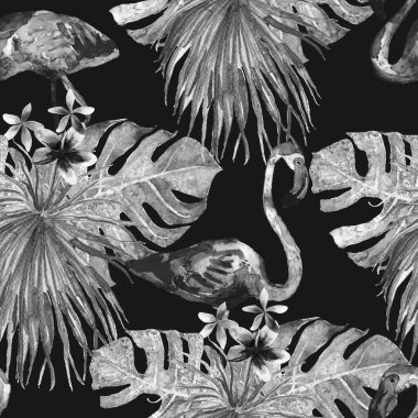 Flamingo deseni. Tropik yaz siyah beyaz baskısı. Kuşlarla dolu egzotik bahar tekstil arka planı. Moda Hawai Ormanı tekrar eden pürüzsüz fayanslar. Palm Botanik mayo tasarımı. Miami Vahşi Hayatı.