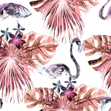 Flamingo deseni. Tropik yaz beyaz kırmızı baskısı. Kuşlarla dolu egzotik bahar tekstil arka planı. Moda Hawai Ormanı tekrar eden pürüzsüz fayanslar. Palm Botanik mayo tasarımı. Miami Vahşi Hayatı.