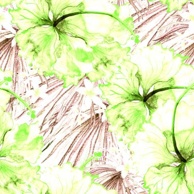 Tropikal desen. Suluboya egzotik çiçekler ve canavar yaprakları. Kırmızı yeşil bitkiler pürüzsüz desende. Yaz Hawaii suluboya geçmişi. Tropik palmiyeler, canavarlar, çiçek desenleri..