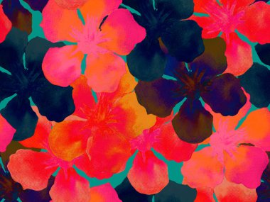 Hawaii suluboya deseni. Pembe kırmızı tropikal desensiz çiçek deseni. Hibiscus ve zakkum Hawaii 'de. Aloha mayo tasarımı. Egzotik buket moda illüstrasyonu. Suluboya yatay fayans.