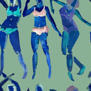 Yaz plajı deseni. Mayolu insanlar kuyrukta bekliyor. İndigo lacivert kız izi. Tropik Hawai suluboyası, pürüzsüz fayans. Bikini Miami kızları güneşlendiriyor. Bikinili kadınlar.