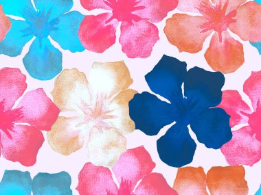 Hawaii suluboya deseni. Pembe kırmızı tropikal desensiz çiçek deseni. Hibiscus ve zakkum Hawaii 'de. Aloha mayo tasarımı. Egzotik buket moda illüstrasyonu. Suluboya yatay fayans.