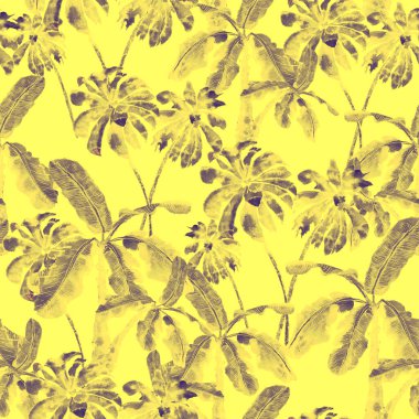 Suluboya palmiye ağacı deseni. Cennet yaprakları ile egzotik, pürüzsüz desen. Aloha mayo izi. Bahar arka planı. Akışkan, soyut, dikişsiz desen. Suluboya doğal Hawaii çiçek arkaplanı.