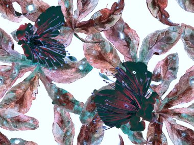 Kalın Çiçek deseni. Kızıl Arkaplanda Büyük Tropikal Kusursuz Parmak izi. Büyük Tropikal Bahar Kova Granadilla Sonsuz Arkaplan. Modern Kalın Çiçek Deseni.