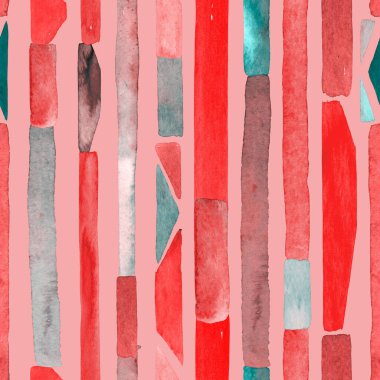 Bauhaus deseni. Pembe kırmızı geometrik, soyut, dikişsiz, sulu boya. Suluboya çizgili arka plan. Kaleydoskop çizgileri. Çağdaş sanat illüstrasyonu. Bauhaus grafik tasarımı. Moda dokusu