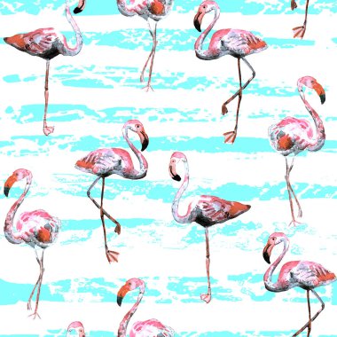 Flamingo deseni. Tropik yaz kırmızısı mavi iz. Kuşlarla dolu egzotik bahar tekstil arka planı. Moda Hawai Ormanı tekrar eden pürüzsüz fayanslar. Çizgili botanik mayo tasarımı. Miami Vahşi Hayatı.