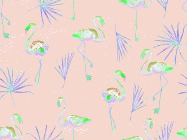 Büyük hipster flamingo mavisi, kusursuz Hawaii deseni. Yaz tropikal kuşları sonsuz baskıyı suluboya. Yaban kuşlarıyla minimalist geometrik mayo arka planı. Suluboya yatay fayans.