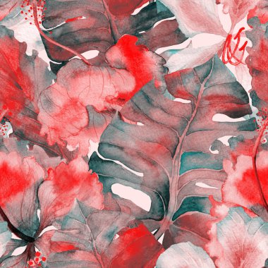 Tropikal desen. Suluboya egzotik çiçekler ve canavar yaprakları. Palm ve Hibiscus ormanları pürüzsüz. Bahar Hawaii suluboya geçmişi. Avuç içleri, canavarlar, mayo izleri..