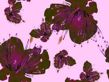 Çiçek desenli moda. Kızıl Arkaplanda Büyük Egzotik Kusursuz Parmak izi. Büyük Hawaii Yaz Sulu Boyalı Lilikoi Sonsuz Geçmişi. Rastgele Çiçek Deseni.