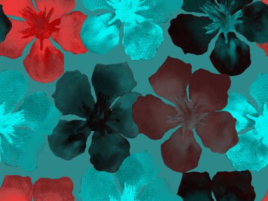 Hawaii suluboya deseni. Çivit mavisi, tropikal, dikişsiz iz. Hibiscus ve zakkum Hawaii 'de. Aloha mayo tasarımı. Egzotik buket moda illüstrasyonu. Suluboya yatay fayans.