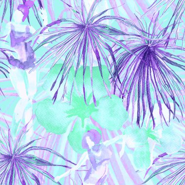 Yaz plajı deseni. Mayo giymiş insanlar egzotik palmiye, yaprak ve çiçeklerin arasında duruyorlar. Ultraviyole kız izi. Tropik Hawai suluboyası, pürüzsüz fayans. Bikini Miami, güneşlenen kızlar.. 