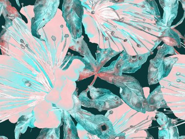 Kalın Çiçek deseni. Yeşil ve Kızıl Arkaplanda Büyük Egzotik Kusursuz Parmak izi. Büyük Egzotik Yaz Suluboya Tutku Meyvesi Sonsuz Arkaplan. Kalın Çiçek Tasarımı.