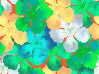 Hawaii suluboya deseni. Yeşil turkuaz çiçekli, dikişsiz tropikal iz. Hibiscus ve zakkum Hawaii 'de. Aloha mayo tasarımı. Egzotik buket moda illüstrasyonu. Suluboya yatay fayans.