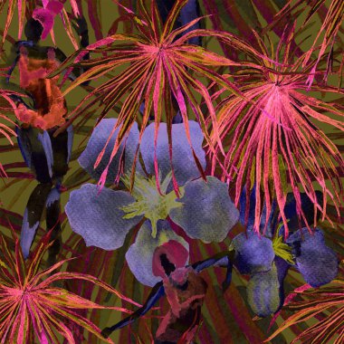 Yaz plajı deseni. Mayo giymiş insanlar egzotik palmiye, yaprak ve çiçeklerin arasında duruyorlar. Kahverengi kirli parmak izi. Tropik Hawai suluboyası, pürüzsüz fayans. Bikini Miami, güneşlenen kızlar.. 