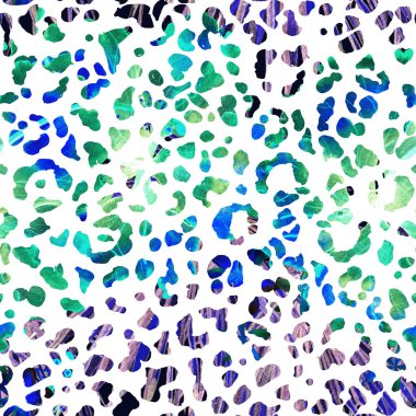 Leopar dikişsiz suluboya deseni. Beyaz, ekzotik, pürüzsüz desen. Kamuflaj izi. Minimum el çizimi yaz çitası arkaplanı. Hayvan derisi izin veren mürekkep uyumluluğu.