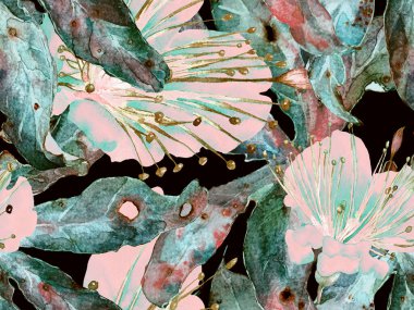 Kalın Çiçek deseni. Yeşil ve Kızıl Arkaplanda Büyük Tropikal Kusursuz Parmak izi. Big Jungle Spring Aquarelle Maracuja Sonsuz Arkaplanı. Kalın Çiçek Tasarımı.