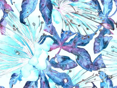 Çiçek desenli moda. Mavi İndigo 'da Büyük Hawaii Kusursuz Parmak izi. Büyük Tropik Bahar Kova Lilikoi Sonsuz Arkaplanı. Rastgele Çiçek Deseni.