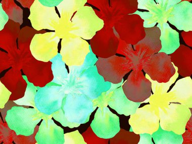 Hawaii suluboya deseni. Pembe kırmızı tropikal desensiz çiçek deseni. Hibiscus ve zakkum Hawaii 'de. Aloha mayo tasarımı. Egzotik buket moda illüstrasyonu. Suluboya yatay fayans.