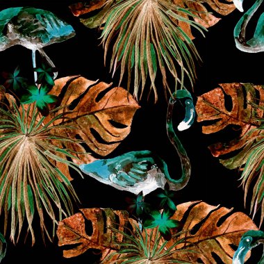 Flamingo deseni. Tropik yaz mavi baskısı. Kuşlarla dolu egzotik bahar canavarları. Moda Hawai Ormanı tekrar eden pürüzsüz fayanslar. Palm Botanik mayo tasarımı. Miami Vahşi Hayatı.