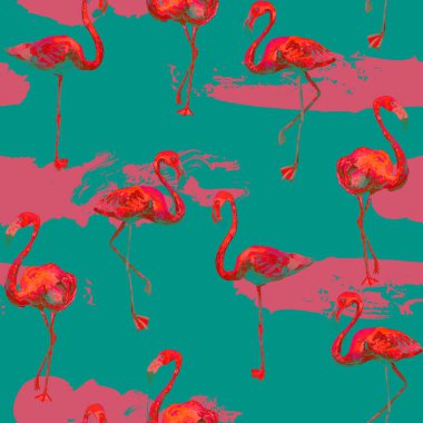Flamingo deseni. Tropik yaz mavisi kırmızı iz. Kuşlarla dolu egzotik bahar tekstil arka planı. Moda Hawai Ormanı tekrar eden pürüzsüz fayanslar. Çizgili botanik mayo tasarımı. Miami Vahşi Hayatı.