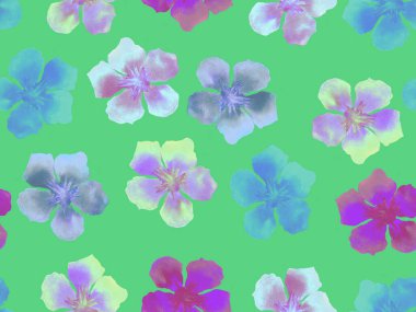 Hawaii suluboya deseni. Yeşil turkuaz çiçekli, dikişsiz tropikal iz. Hibiscus ve zakkum Hawaii 'de. Aloha mayo tasarımı. Egzotik buket moda illüstrasyonu. Suluboya yatay fayans.