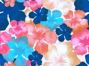 Hawaii suluboya deseni. Pembe kırmızı tropikal desensiz çiçek deseni. Hibiscus ve zakkum Hawaii 'de. Aloha mayo tasarımı. Egzotik buket moda illüstrasyonu. Suluboya yatay fayans.