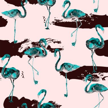 Flamingo deseni. Tropik yaz mavisi kırmızı iz. Kuşlarla dolu egzotik bahar tekstil arka planı. Moda Hawai Ormanı tekrar eden pürüzsüz fayanslar. Çizgili botanik mayo tasarımı. Miami Vahşi Hayatı.