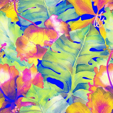 Tatil düzeni. Suluboya tropik çiçekler ve canavar yaprakları. Palm ve Hibiscus bitkileri kusursuz desende. Yaz Hawaii suluboya geçmişi. Avuç içleri, canavarlar, mayo izleri..