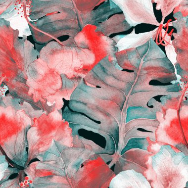 Tropikal desen. Suluboya egzotik çiçekler ve canavar yaprakları. Palm ve Hibiscus bitkileri kusursuz desende. Yaz Hawaii suluboya geçmişi. Avuç içleri, canavarlar, mayo izleri..