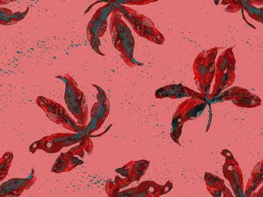 Kırmızı pembe egzotik desen. Canavar yaprakları ve amber çiçekleri yaz baskısı. Hawaii tişörtü ve mayo fayansı. Yatay romantik vahşi vektör egzotik fayans. Güzel bahar botanik tasarımı.