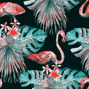 Flamingo deseni. Tropik yaz mavi baskısı. Kuşlarla dolu egzotik bahar tekstil arka planı. Moda Hawai Ormanı tekrar eden pürüzsüz fayanslar. Palm Botanik mayo tasarımı. Miami Vahşi Hayatı.