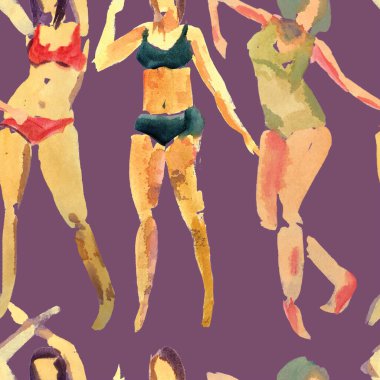 Yaz plajı deseni. Mayolu insanlar kuyrukta bekliyor. Sarı pembe renkli kız baskısı. Tropik Hawai suluboyası, pürüzsüz fayans. Bikini Miami kızları güneşlendiriyor. Bikinili kadınlar.