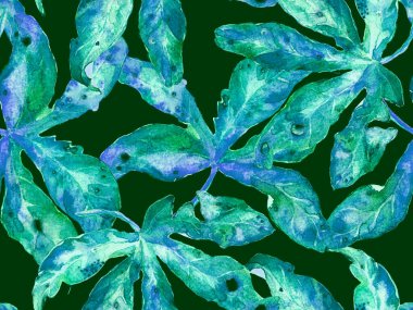 Cesur soyut çiçek deseni. Blue 'da Büyük Ormansız Parmak İzi, Indigo Arkaplan. Büyük Tropikal Yaz Maracuya Sonsuz Arkaplanı. Modern Kalın Soyut Çiçek Deseni.