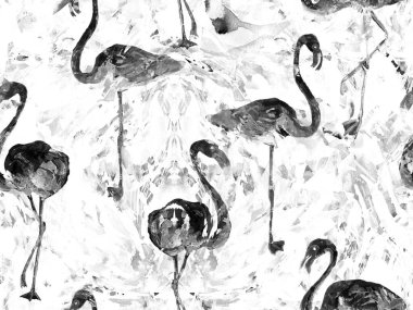 Boho flamingo soyut, kusursuz desen. Siyah beyaz egzotik kuş dokusu. Suluboya bohem Fas baskısı. Mayo, soyut tropikal iç baskısı. Fırça darbesi arka plan