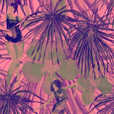 Yaz plajı deseni. Mayo giymiş insanlar egzotik palmiye, yaprak ve çiçeklerin arasında duruyorlar. Pembe kırmızı kız izi. Tropik Hawai suluboyası, pürüzsüz fayans. Bikini Miami, güneşlenen kızlar.. 