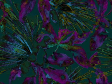 Kalın Çiçekler. Mor Arkaplanda Büyük Hawaii Kusursuz Parmak izi. Büyük Tropik Yaz Suluboya Lilikoi Sonsuz Geçmişi. Soyut Kalın Çiçek Yazdırma. 