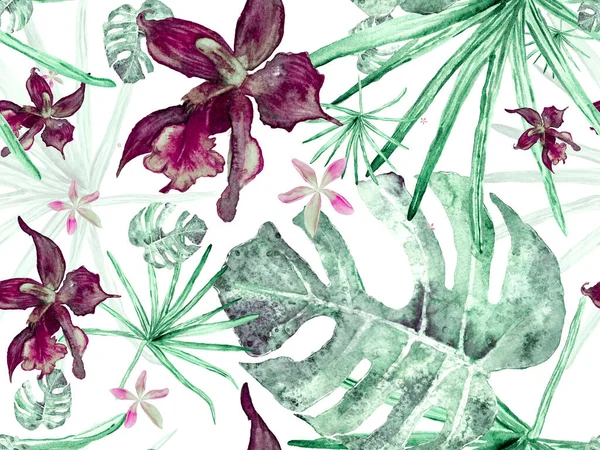 Orkideli mayo baskısı, Palm Leaves. Suluboya Çiçek Geçmişi. Tropik Yaz Baskısı. Kırmızı ve Gri Egzotik Hawaii Tasarımı. Tayland döşeme dokusu. Orkide Kusursuz Desen.