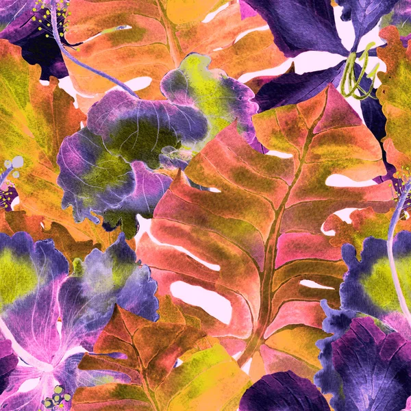 Vzor Dovolené Akvarelové Tropické Květiny Listy Příšery Rostliny Palm Hibiscus — Stock fotografie
