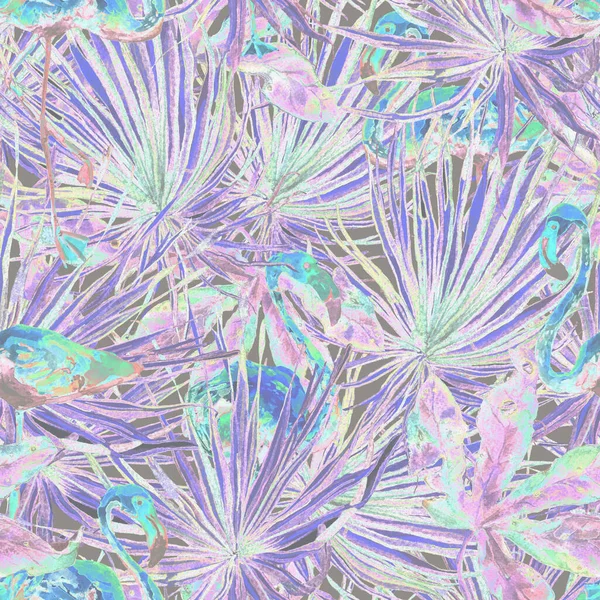 Flamingo pattern. Tropical summer blue red print. Exotic spring monstera background with birds. Fashion hawaiian jungle repeated seamless tile. Palm botanical swimwear design. Miami wildlife.