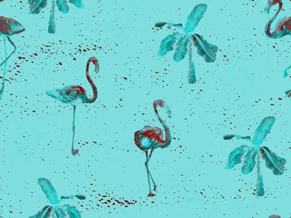 Large hipster flamingo blue hawaiian seamless pattern. Summer tropical birds watercolor endless print.  Saturated hipster swimwear tile with wild feathered fowls. Horizontal tile with flamingos.