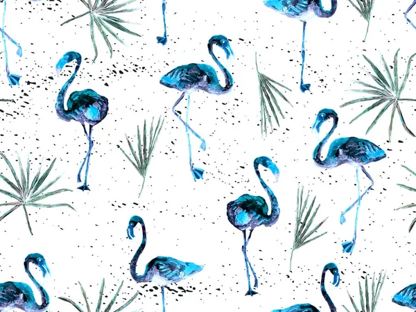 Large hipster flamingo blue hawaiian seamless pattern. Summer tropical birds watercolor endless print.  Minimalistic geometric swimwear background with wild fowls. Watercolour horizontal tile.