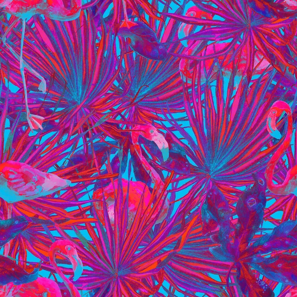 Flamingo Patroon Tropische Zomer Blauwe Rode Print Exotische Lente Monstera — Stockfoto