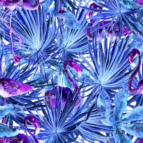 Flamingo pattern. Tropical summer white blue print. Exotic spring monstera background with birds. Fashion hawaiian jungle repeated seamless tile. Palm botanical swimwear design. Miami wildlife.
