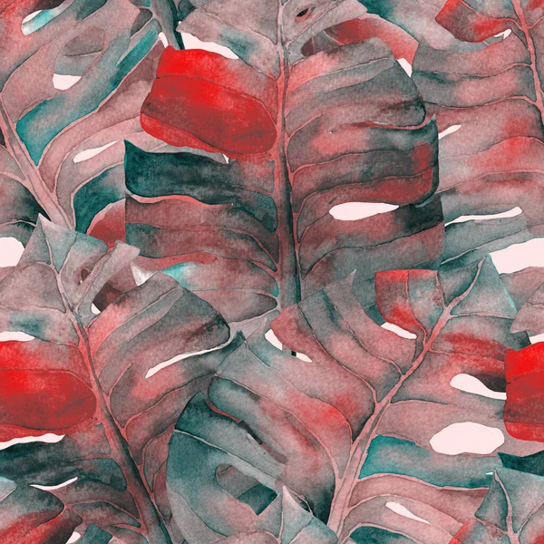 Зелений Червоний Екзотичний Орнамент Тропічне Листя Палм Гібіскус Безшовні Візерунки — стокове фото