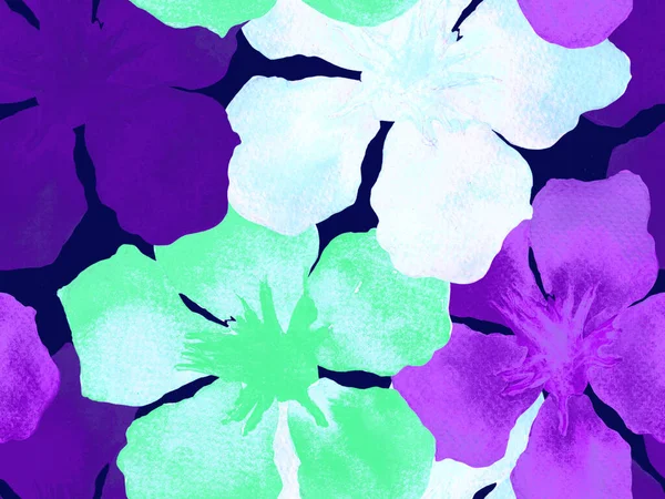 Hawaiiaans Aquarelpatroon Ultraviolet Bloemige Tropische Naadloze Print Hibiscus Oleander Hawaï — Stockfoto
