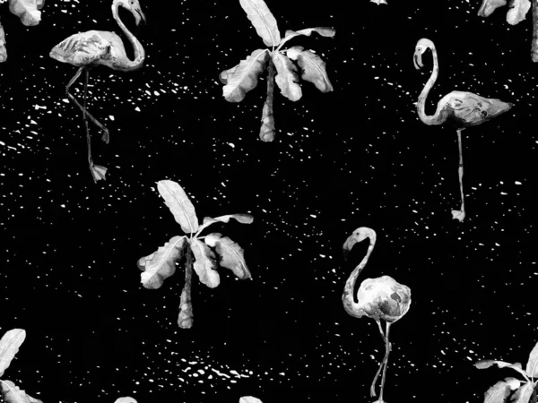 Grote Flamingo Zwart Wit Hawaiiaans Naadloos Patroon Voorjaar Verzadigde Aquarel — Stockfoto